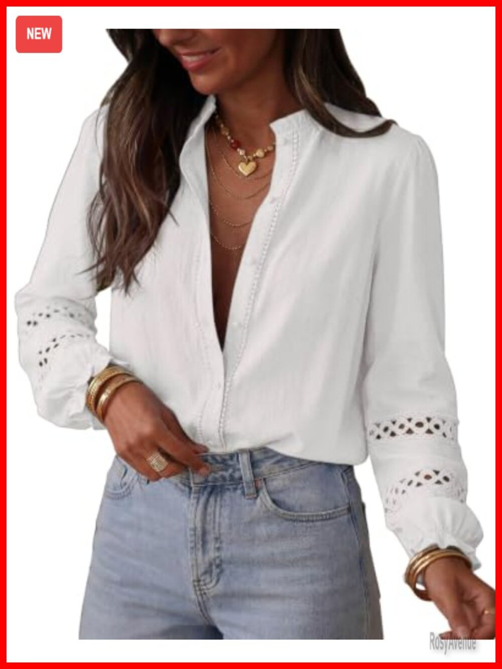 Eyelet Button Up Shirt Long Sleeve Cotton Loose Fit Blouse